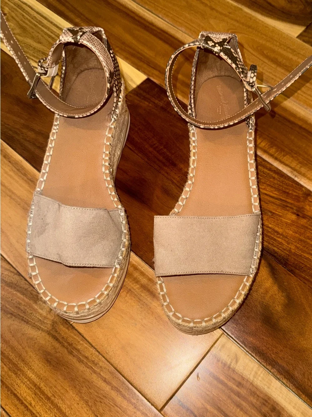 Women’s Tan Espadrille Platform Sandals with snake like print Ankle Strap